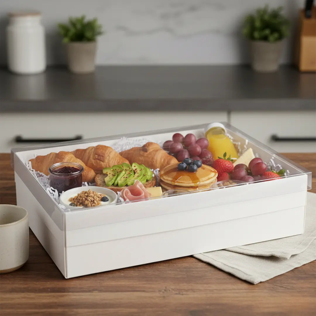 Boîte à Offrir 40×30x11 cm Carton Blanc et Couvercle Transparent